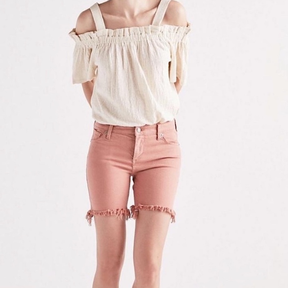 Lucky Brand Ava Short Fringe Frayed Denim Shorts Bermuda Jeans Pink Raw Hem 2 26